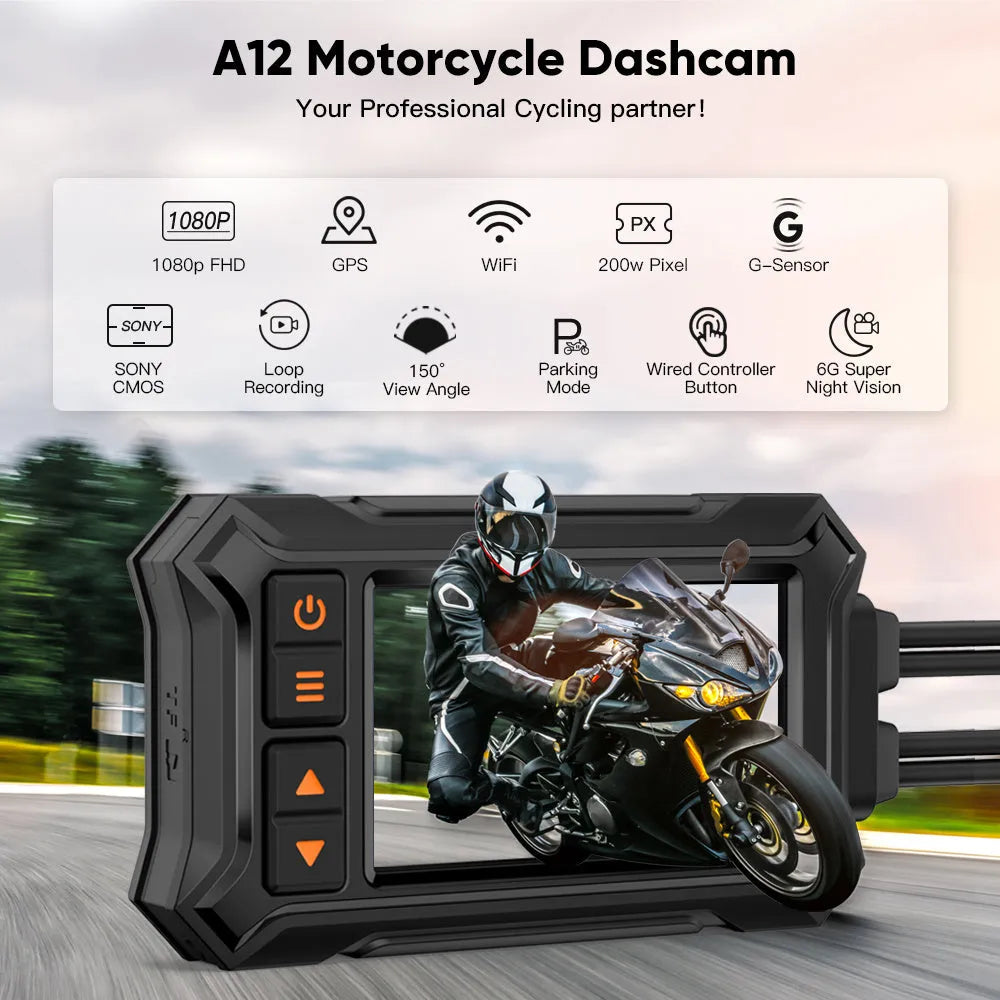 Motorcycle dual lens GPS tachograph recorder unit with front and rear cameras and handlebar mount