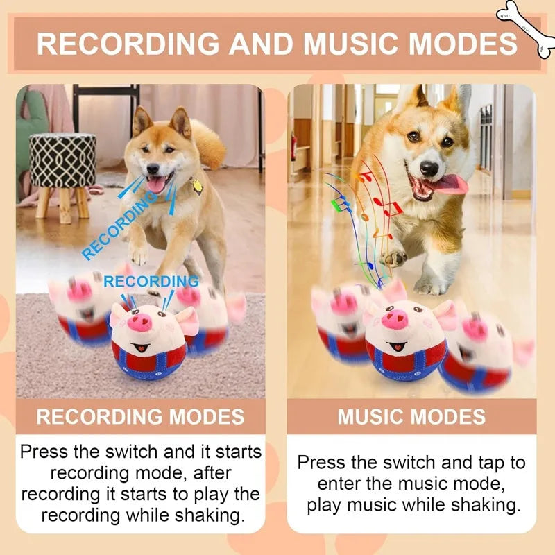 Dog plush piglet toy with electric jumping ball and recording mode for interactive pet play