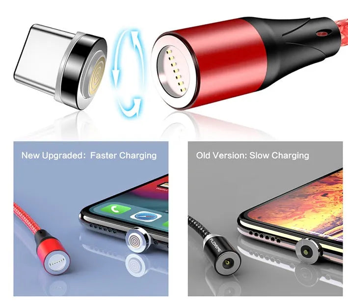 Black magnetic USB-C fast charging cable with side indicator lights for iPhone and Android devices