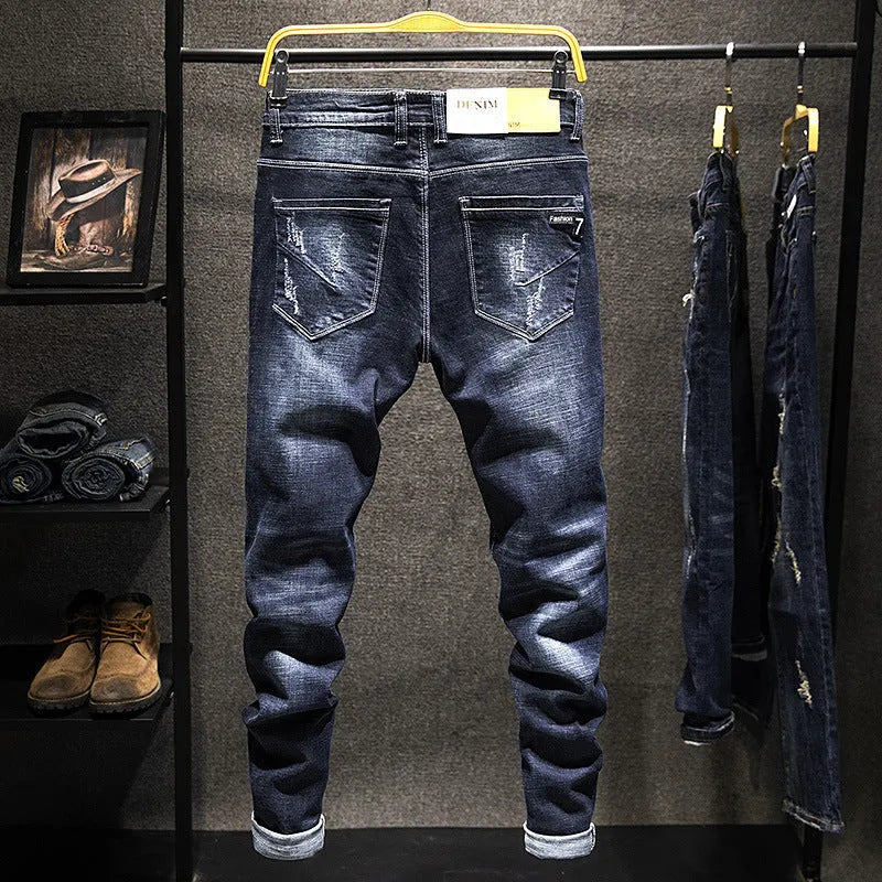 Men's slim-fitting skinny jeans in dark blue and light blue stretch cotton denim.