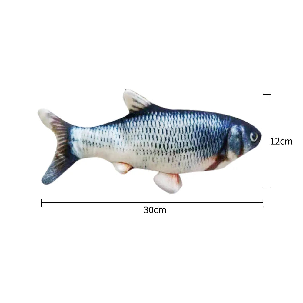 A multicolour electronic jumping fish cat toy measuring 30cm long with a USB charging cable.