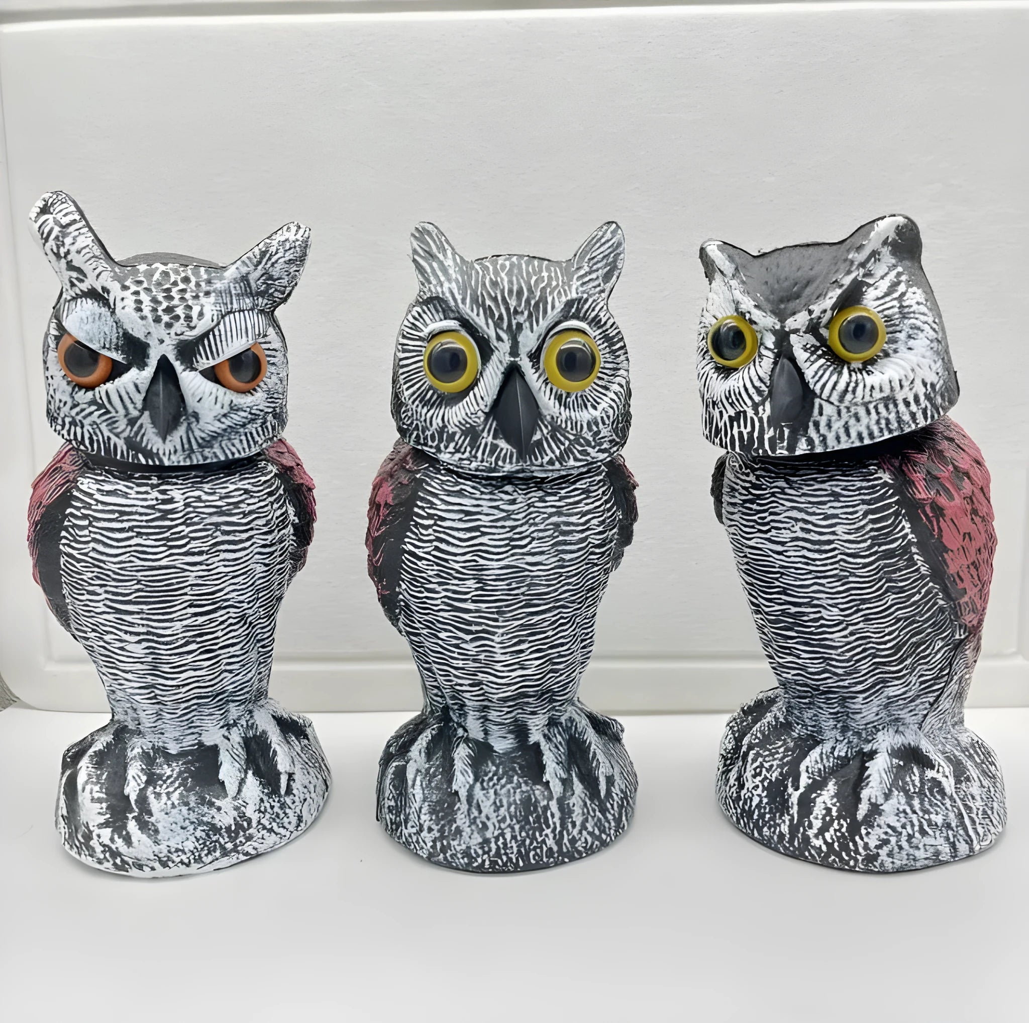 Artificial owl bait ornament with shaking head design for garden bird control in PE plastic construction