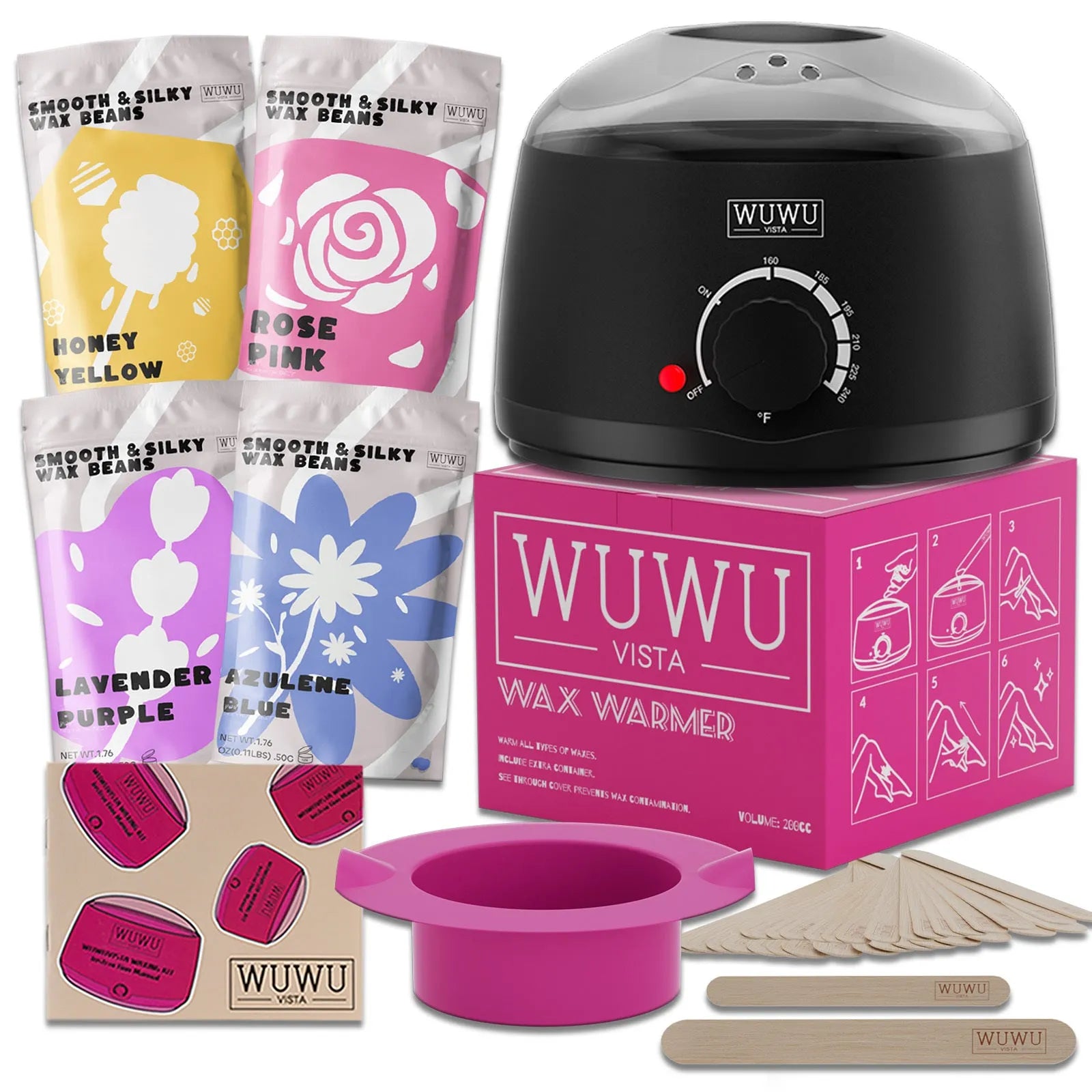 27 piece hair removal wax kit with four colour wax beads, heating machine, and application sticks