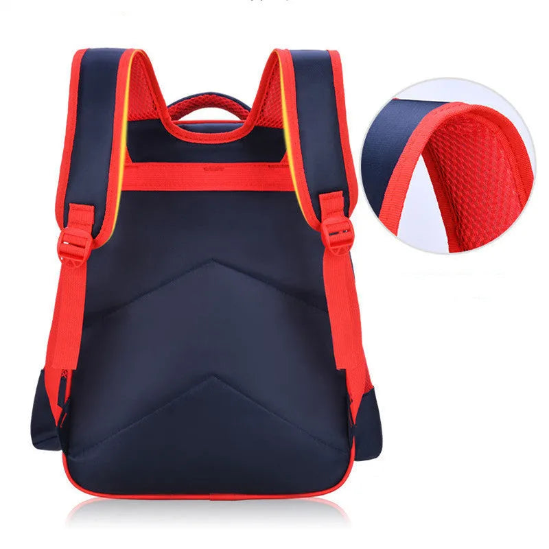 Blue children's backpack with anime cartoon print showing front compartment and shoulder straps