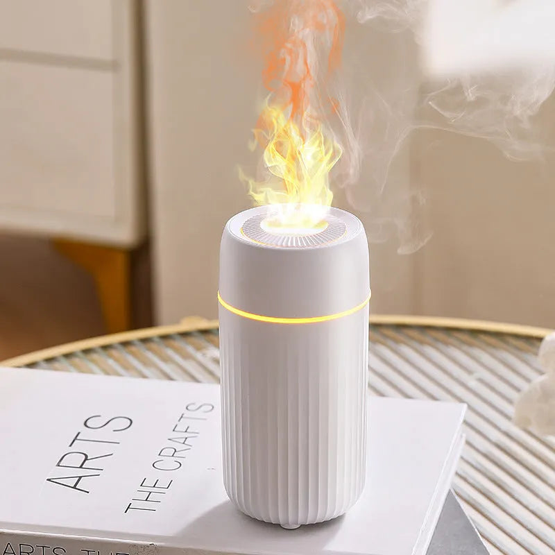 Car flame simulation aroma diffuser showing black and white colour options with 100mL capacity display