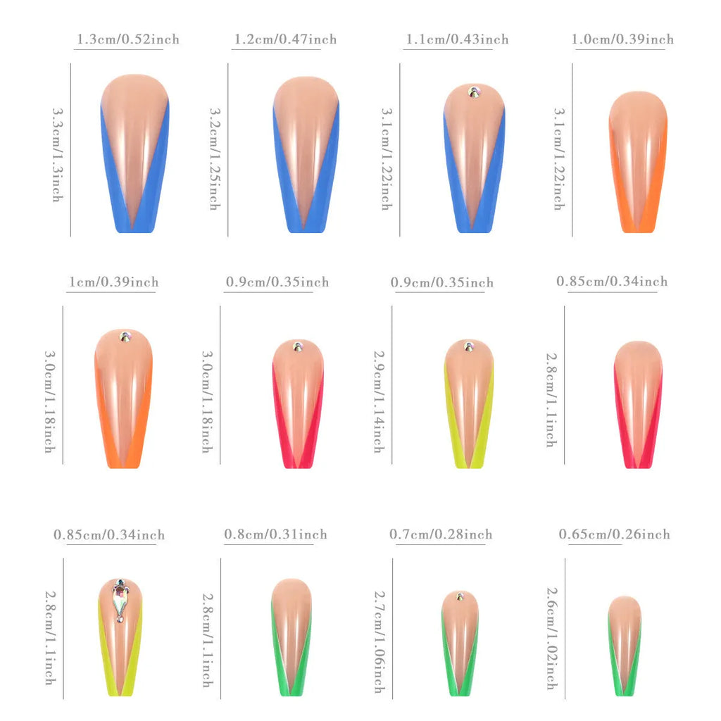 Detachable nail tips with diamond colour French design showing cartoon and cross heart patterns with application kit
