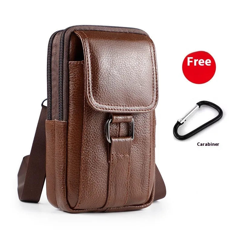 Men's black genuine leather crossbody waist bag with a square shape and lock detail.