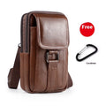 Men's black genuine leather crossbody waist bag with a square shape and lock detail.