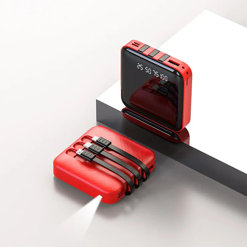 Mirror three-wire power bank in black or red with integrated charging cable