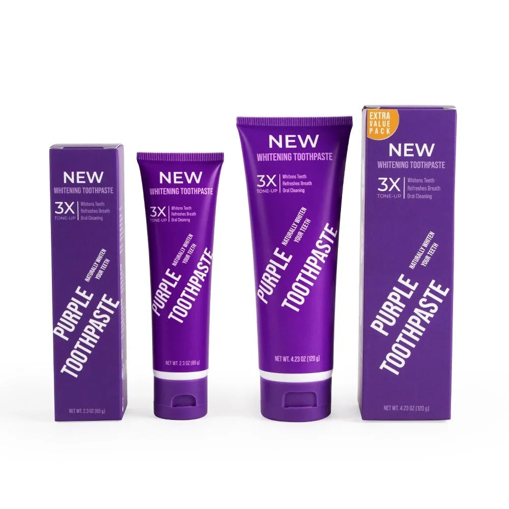 Purple whitening toothpaste tube for adults to remove yellow teeth stains in 120g and 65g sizes