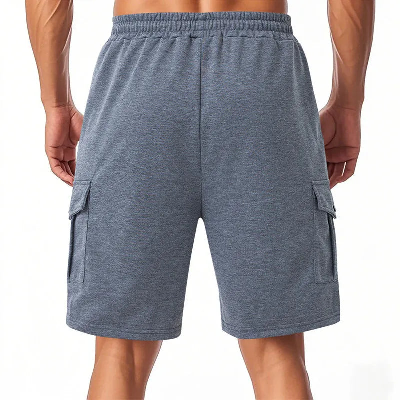 Men's heavy terry cloth cargo shorts with multiple pockets in loose fit for summer sports wear