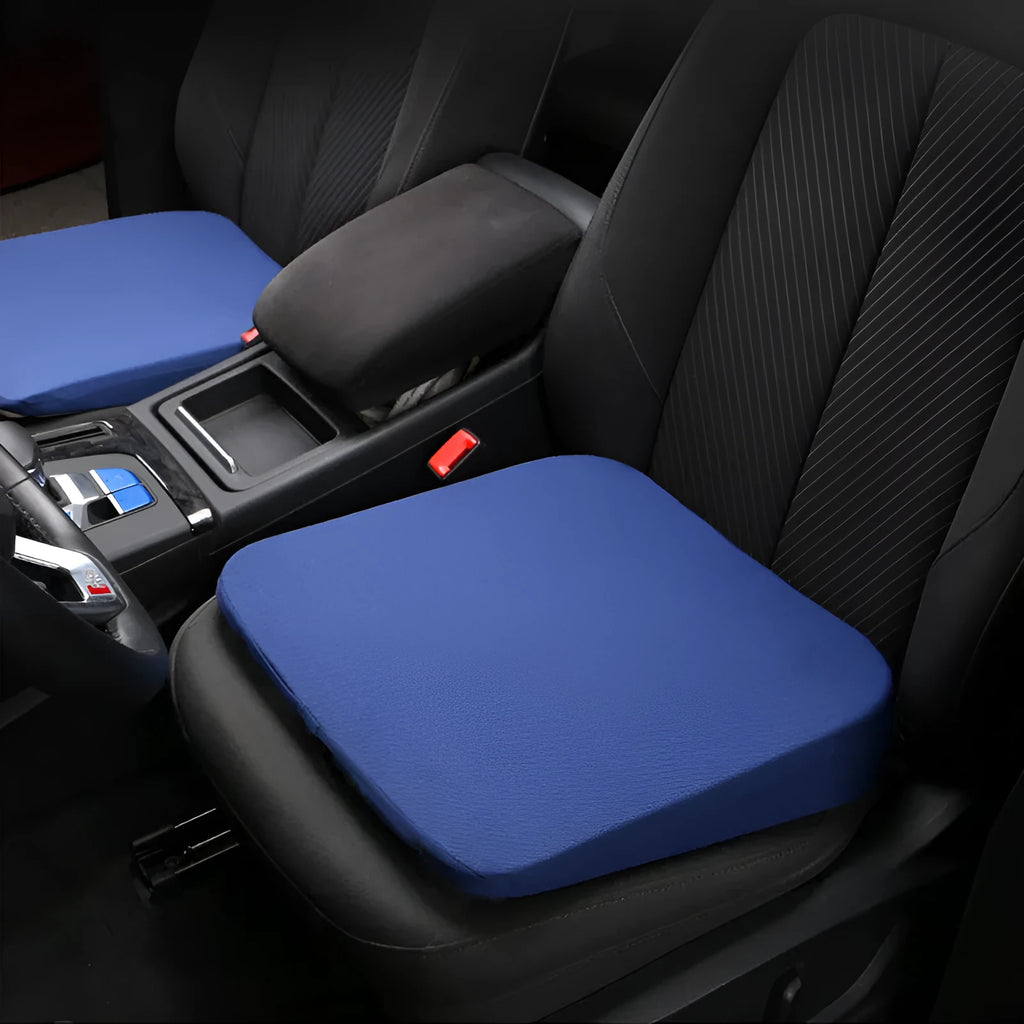 Black car seat cushion with thick foam padding measuring approximately 42cm by 39cm