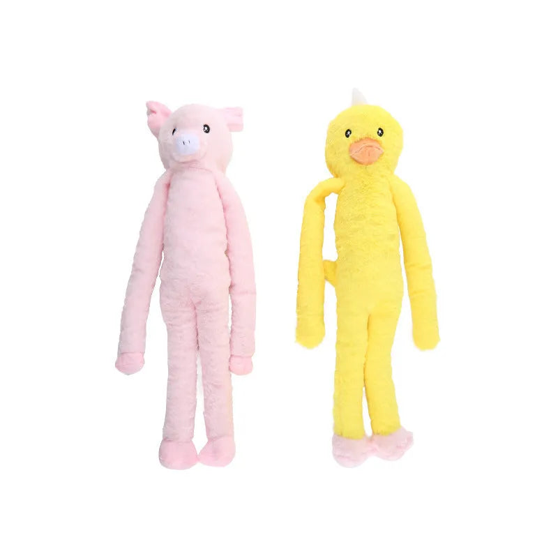 Pink and yellow plush dog toy with rattle sound and teeth cleaning design for large breeds