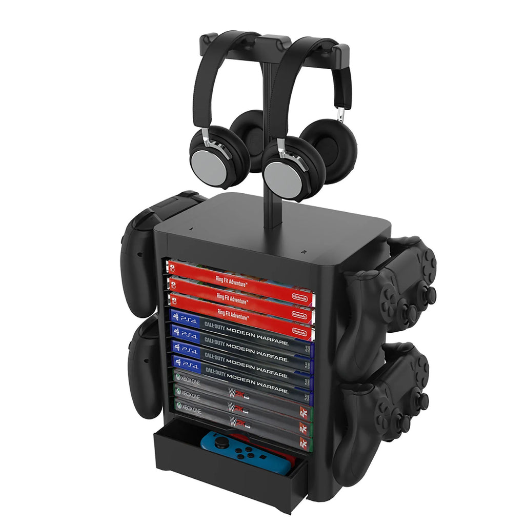 Black ABS gaming console storage rack holding headphones, controllers, and game cases.