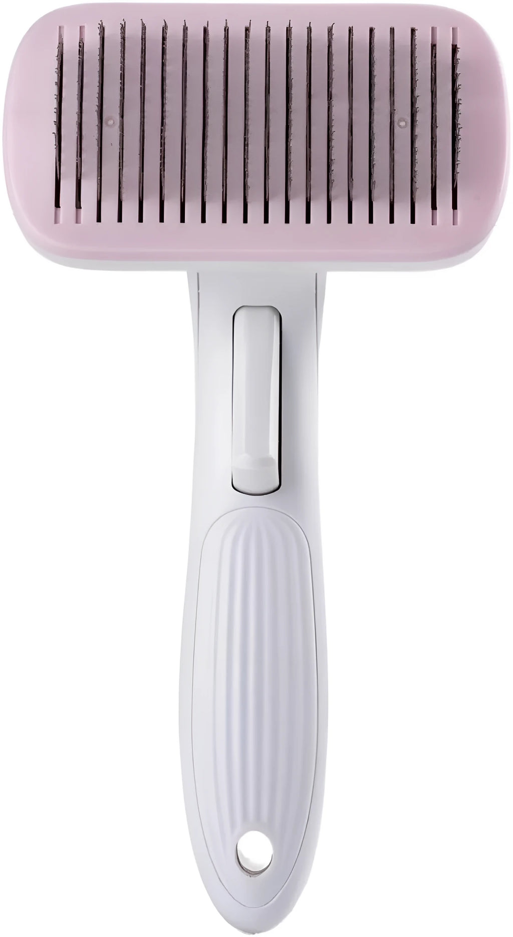 Blue automatic pet hair removal comb with a one-click button, shown on a grey background.