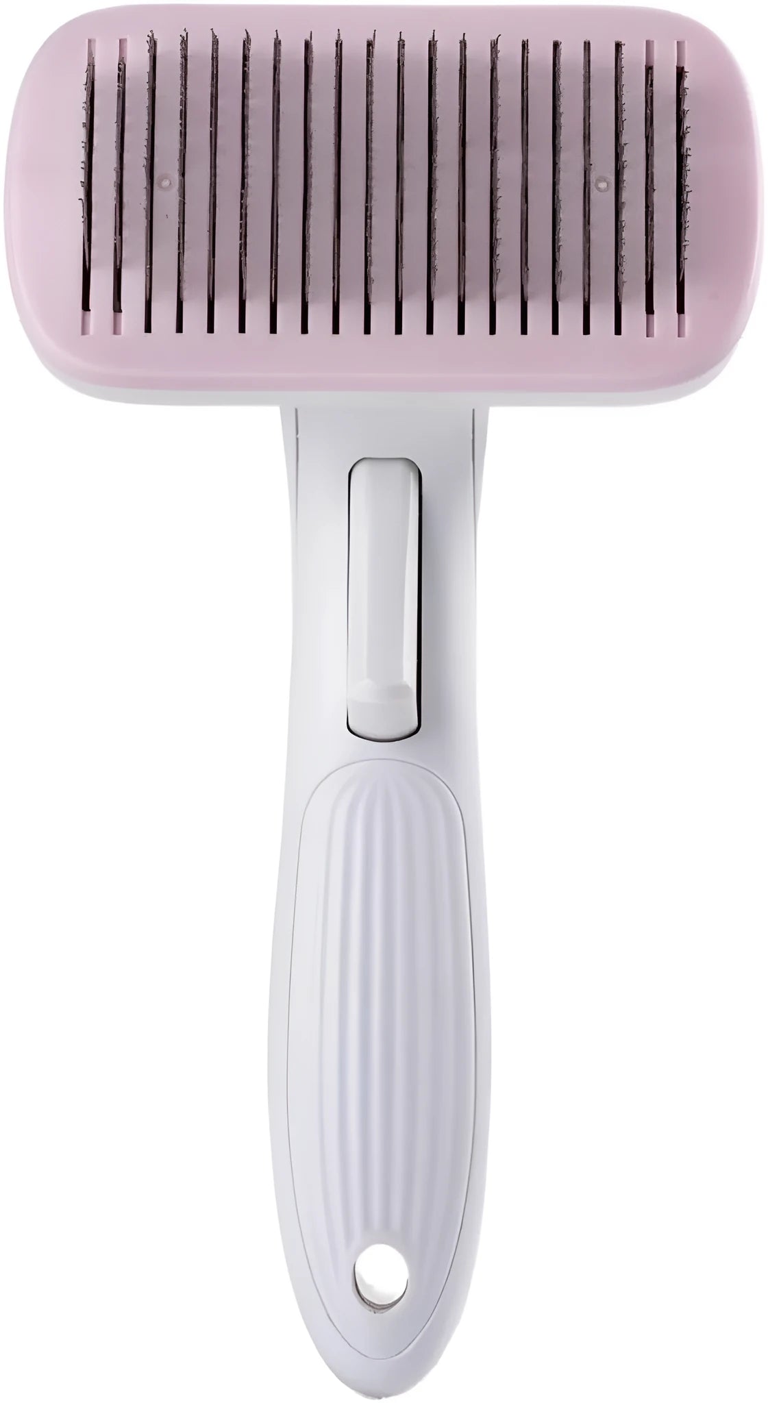 Blue automatic pet hair removal comb with a one-click button, shown on a grey background.