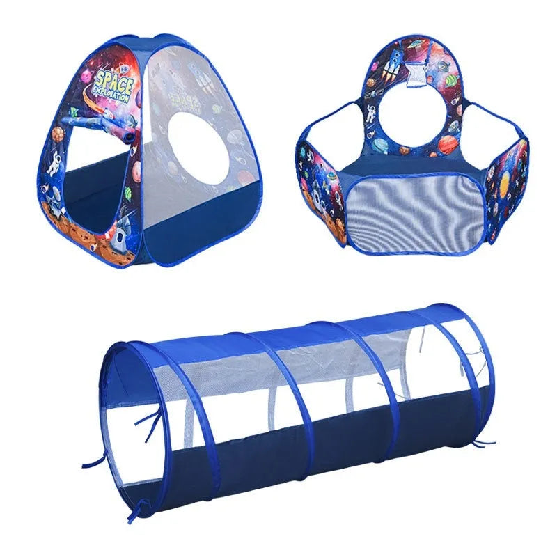 Three-in-one children's cloth tent set with ball pool and tunnel in cartoon submarine theme