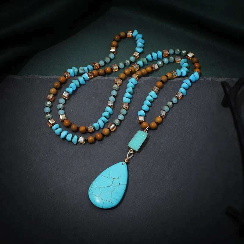 Turquoise water drop pendant necklace with mixed gem inlaid design and ball bead chain