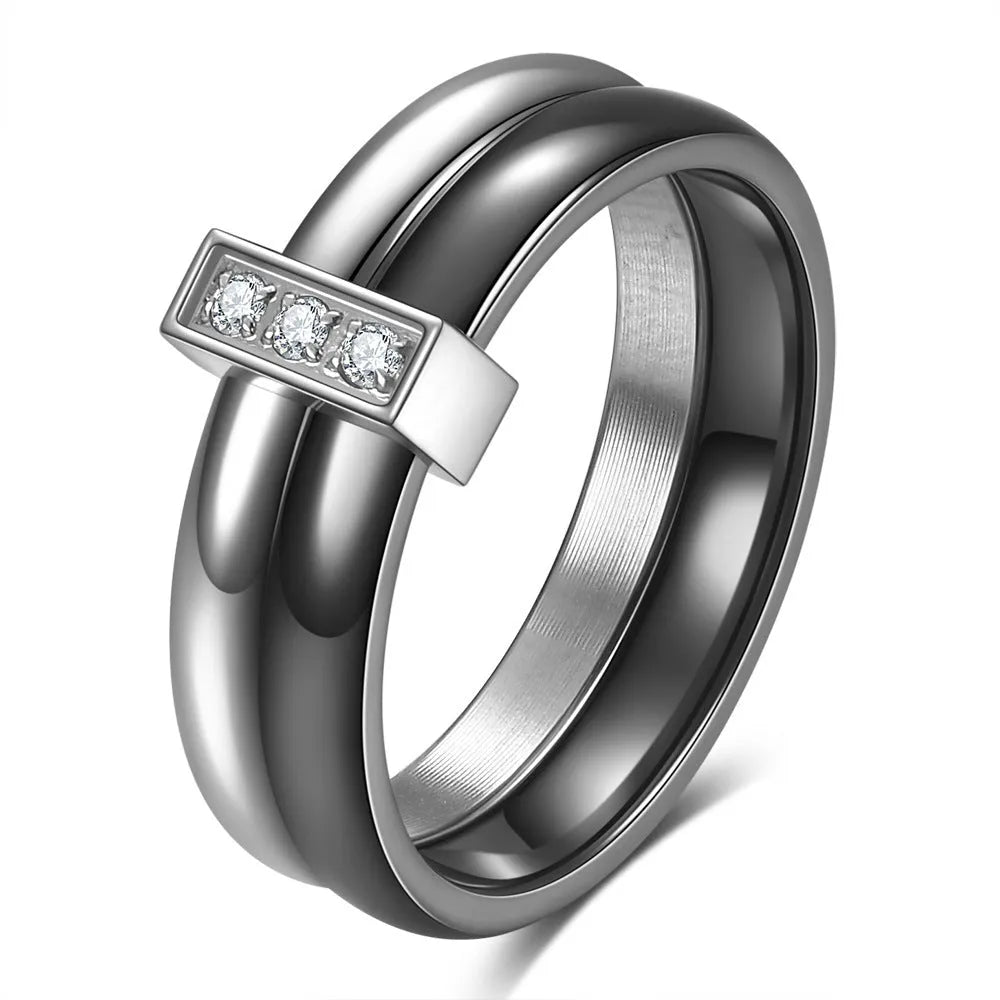 Ceramic women's ring with 6mm geometric shape and zirconium stitching in steel black or gold white