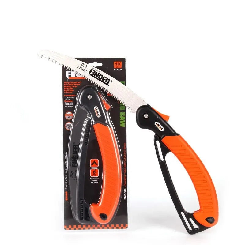 Garden folding hand saw with extended 230mm blade showing TPR grip and 65MN steel construction