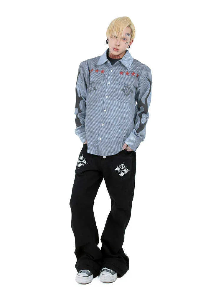 Men's washed denim blue striped long sleeve casual shirt with lapel collar on a hanger.