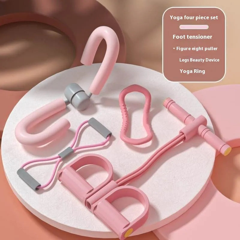 Yoga four-piece set showing a leg beauty device, yoga ring, pedal tension device, and figure eight tension rope.