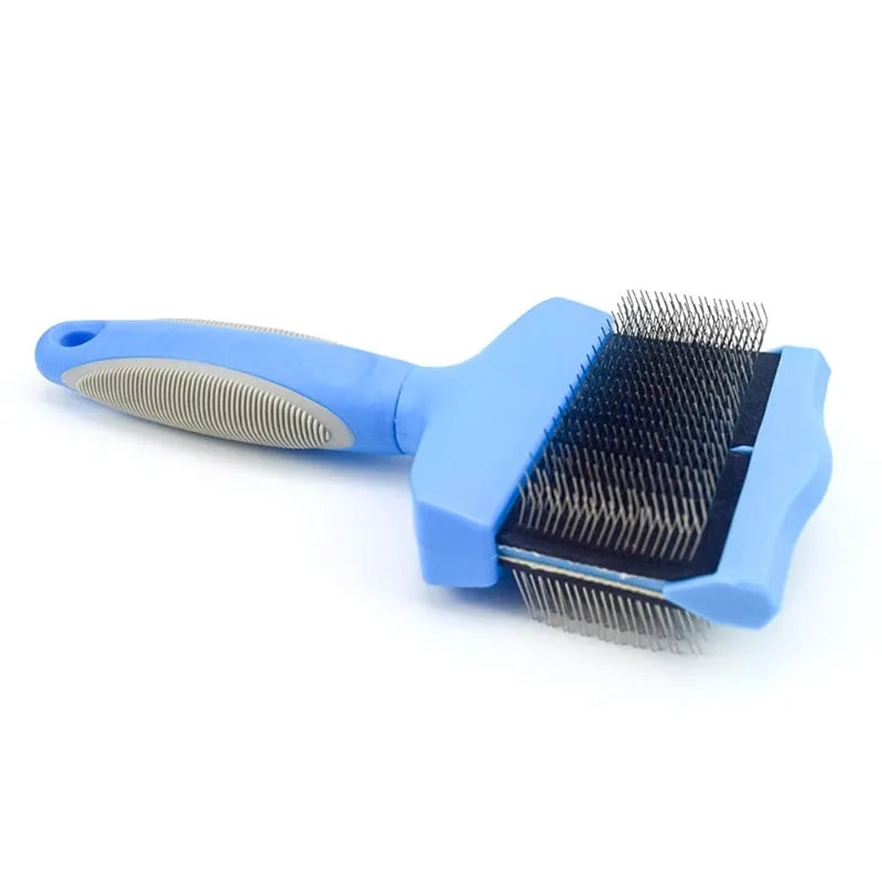 Double-sided dog grooming brush with stainless steel pins in blue or pink colour options