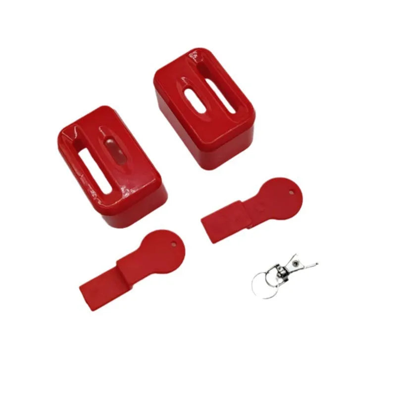 Black and red plastic seat belt buckle protector showing clip-on design.