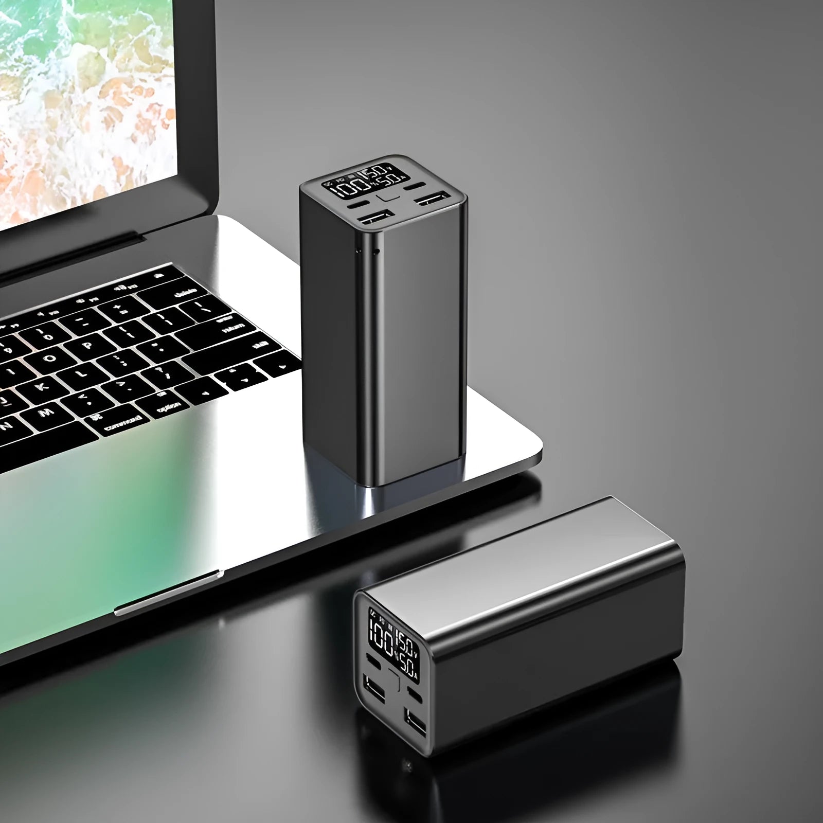 65W 20000mAh metal laptop charging bank in black, blue or grey colours showing compact dimensions