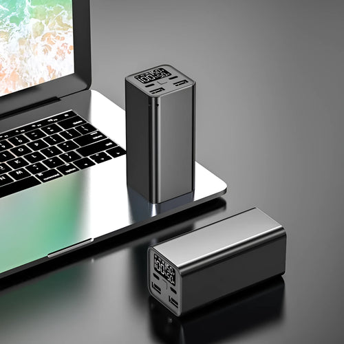 65W 20000mAh metal laptop charging bank in black, blue or grey colours showing compact dimensions