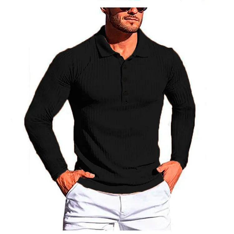 Man wearing a loose-fit striped polo shirt in a light colour, showcasing the short sleeves and knit fabric.