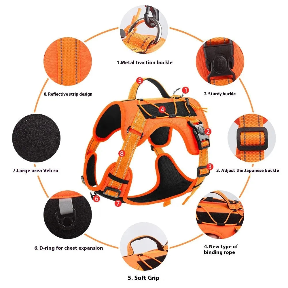 Orange reflective dog vest harness with explosion-proof leash attached, shown on a medium-sized dog.
