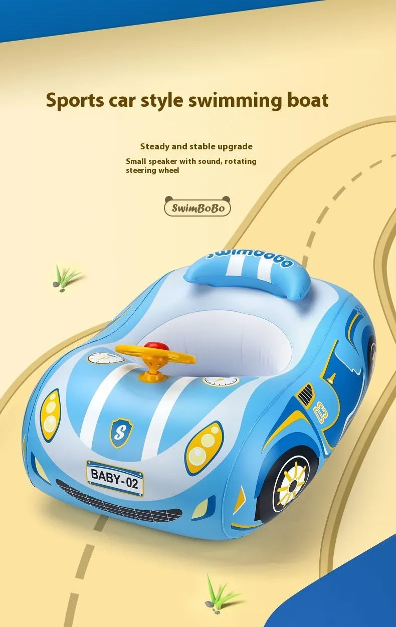Inflatable children's swimming ring with mini steering wheel in pink sports car design