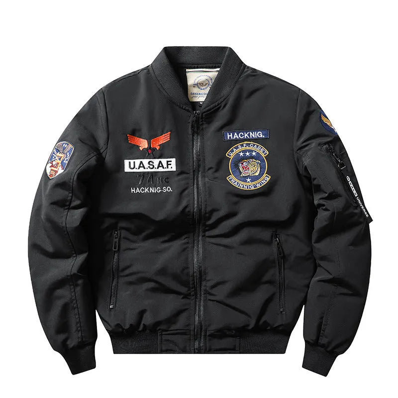 Men's slim-fit black retro Harley Davidson cotton padded coat with stand collar and embroidery.