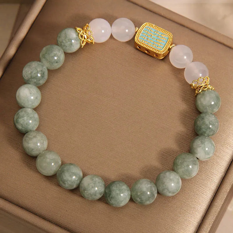 Oil green emerald crystal bracelet with five Buddhist scripture charms for women
