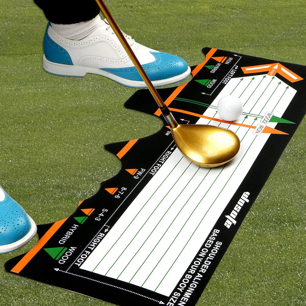 Black neoprene golf swing posture training pad on a green surface