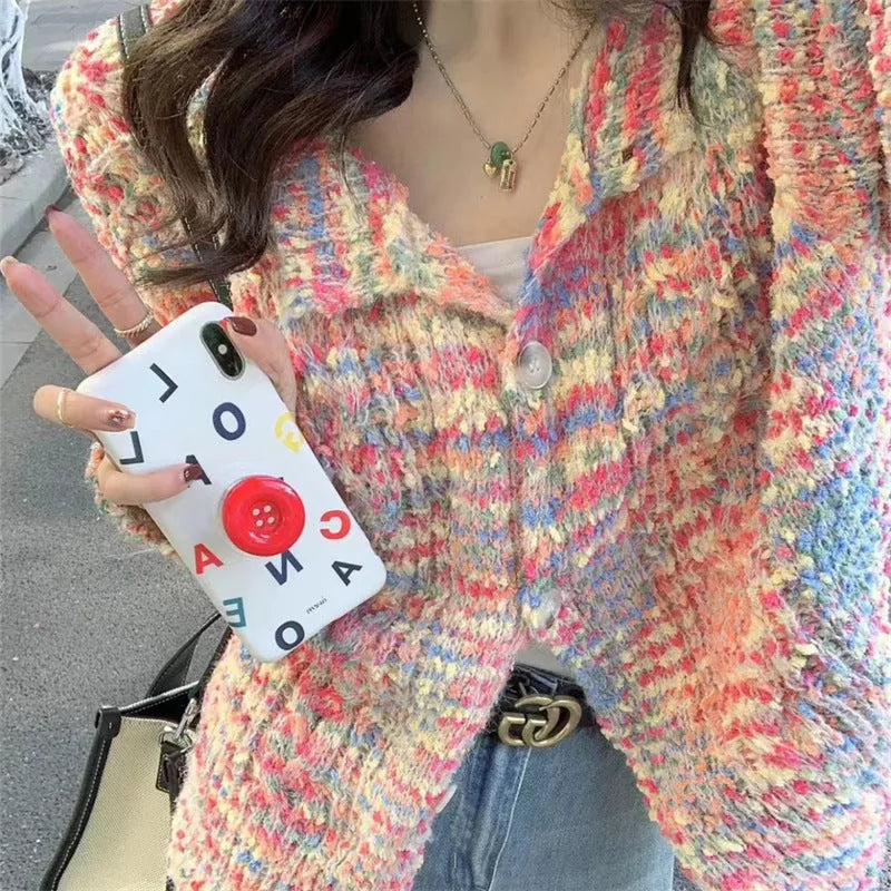 Pink and green rainbow pattern women's cardigan sweater with toothbrush hair fabric texture