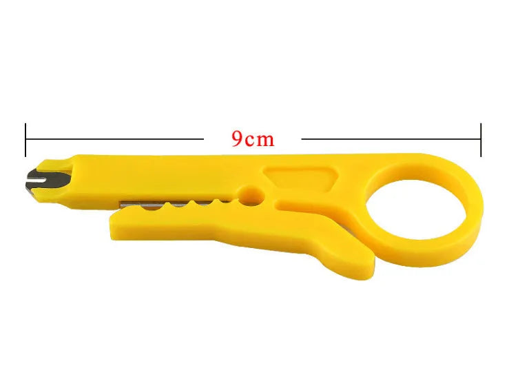 Yellow portable wire stripper tool for 0.6mm diameter cables with snap-in metal blade