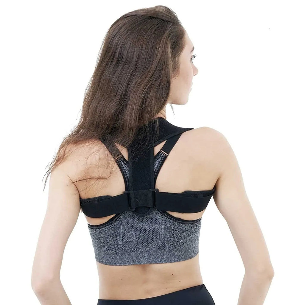 Black adjustable breathable posture correction strap for back and shoulder support