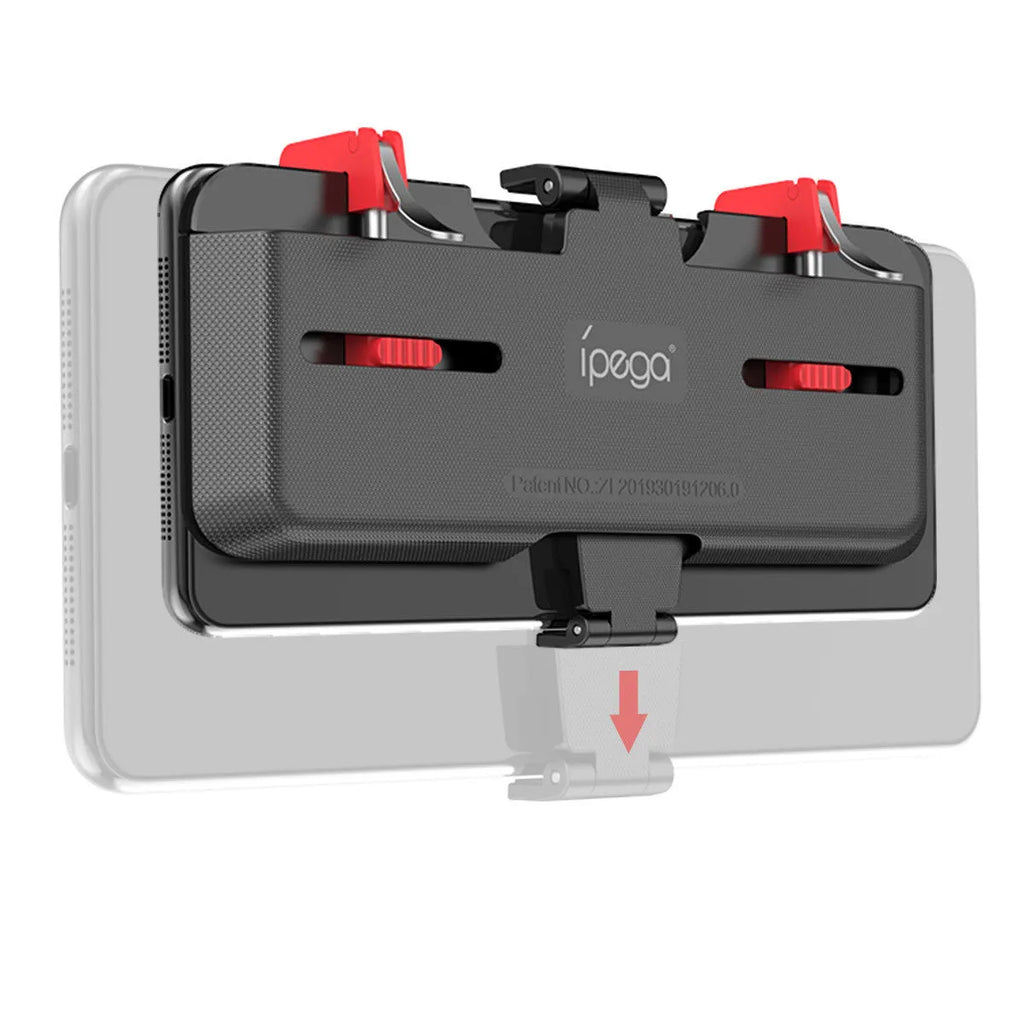 Black mobile phone gaming controller with adjustable trigger and telescopic clip for 67-87mm wide devices