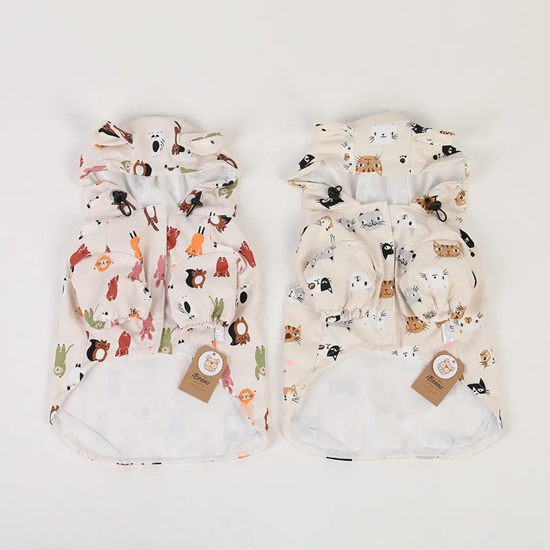 Beige cartoon dog raincoat with double waterproof coating in small animal or cat head design