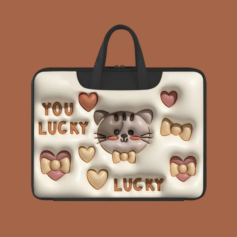 Inflatable laptop bag in PU leather with hanging handle attached to suitcase, showing cute star design