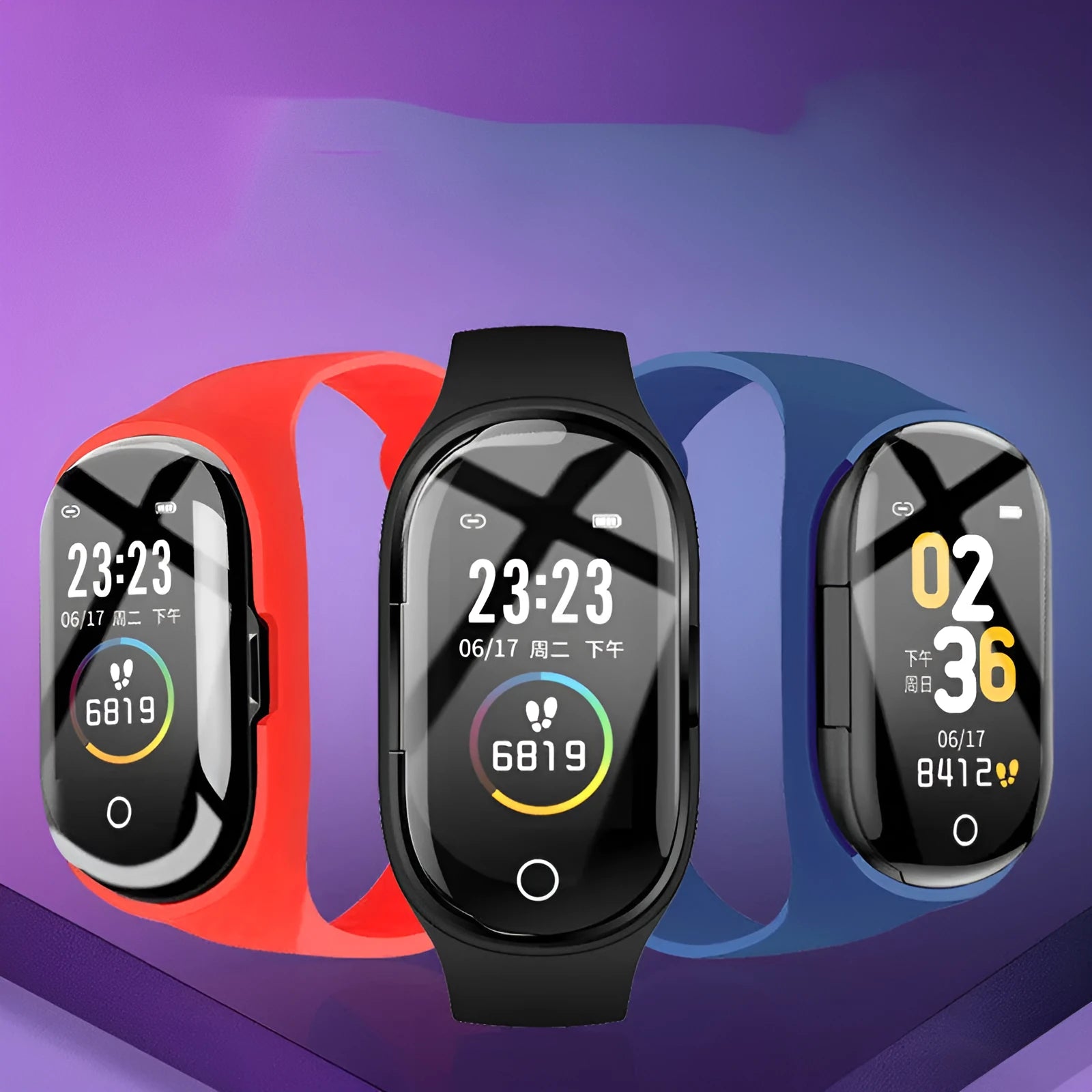 Blue smart bracelet with Bluetooth earphone combo showing 1-inch screen on silicone wristband