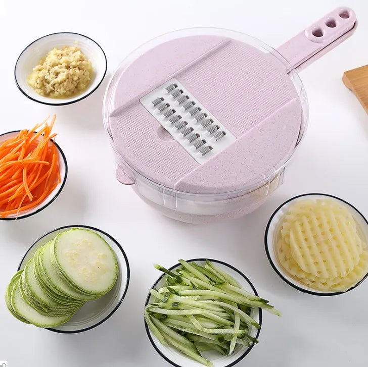 8-in-1 mandoline vegetable slicer with stainless steel blades and blue plastic body on kitchen counter