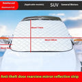 Large luxury SUV front windshield winter cover made of aluminium foil with edge reflective stripes.
