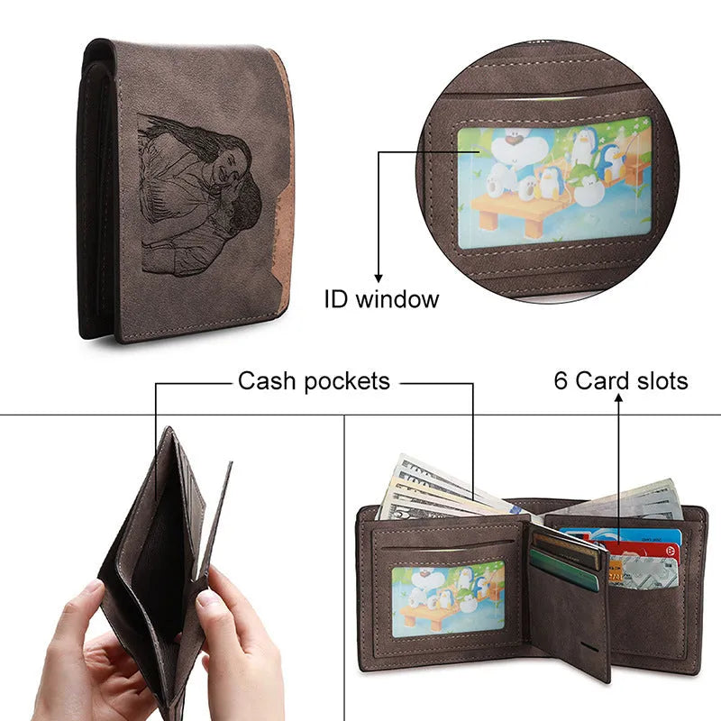 Engraved coffee coloured PU horizontal short wallet with custom lettering, shown with dimensions 120mm by 99mm.