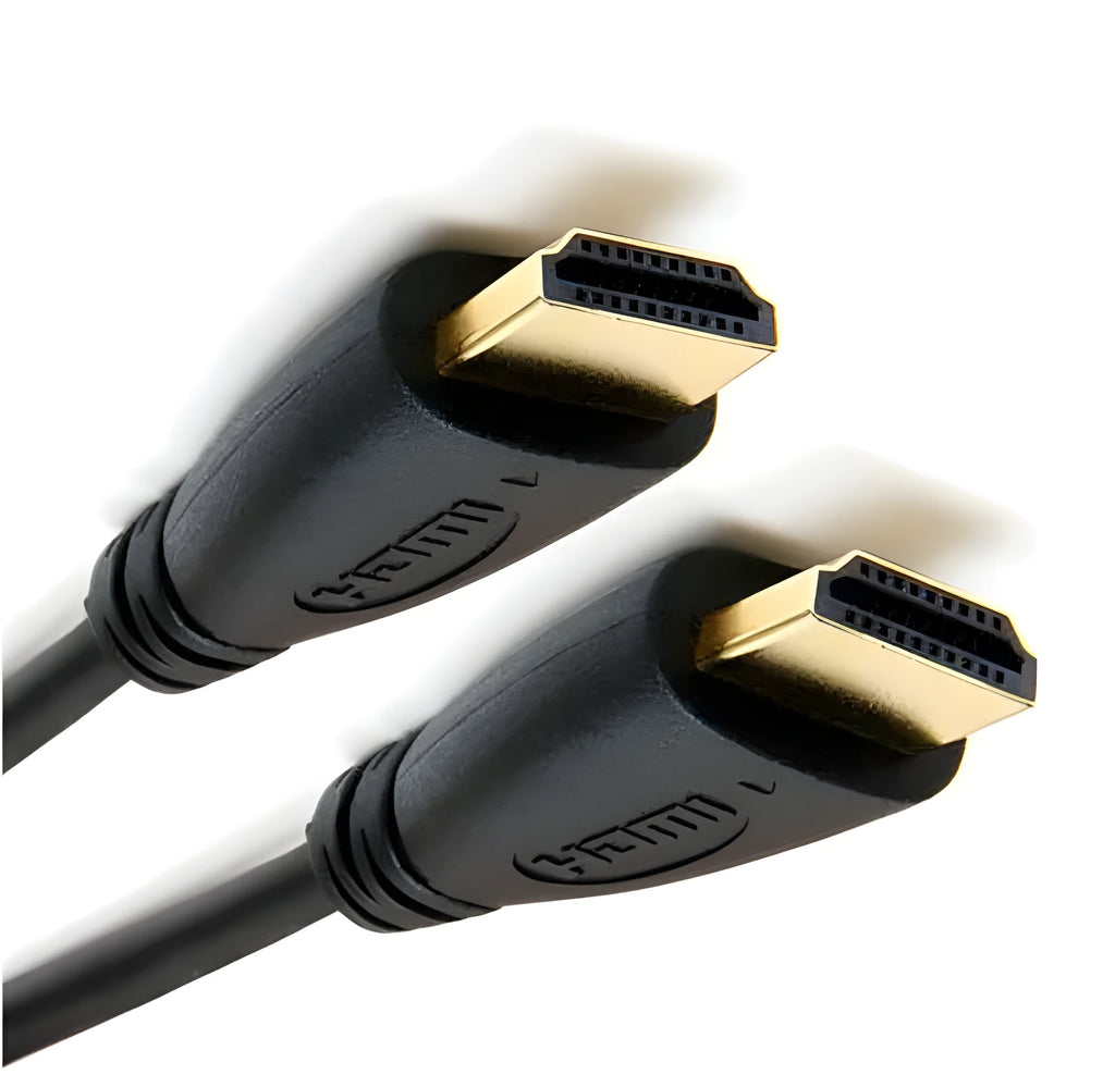 Gold-plated HDMI cable showing connectors with length options from 0.3 to 5 metres