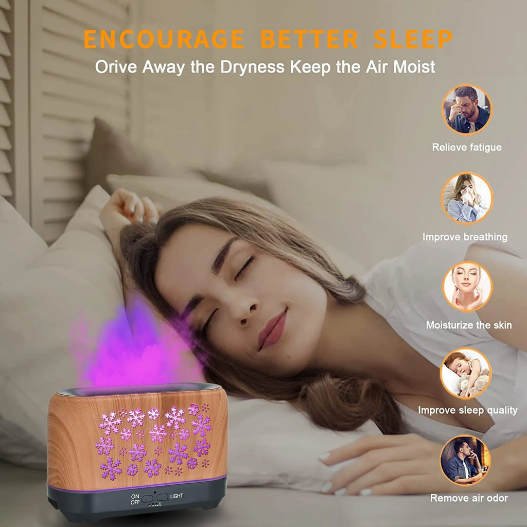 Colourful snowflake wood grain flame effect aromatherapy humidifier diffuser on a desktop with remote control.