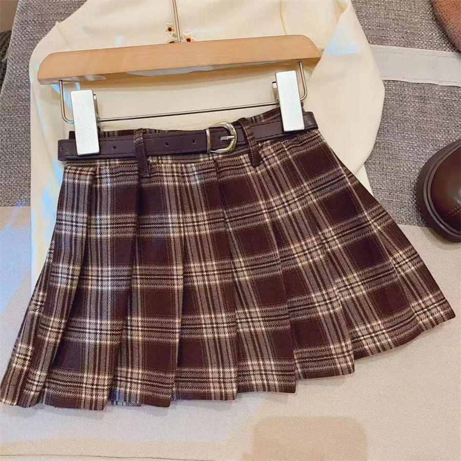 Children's plaid pleated skirt in cotton blend fabric with A-line silhouette