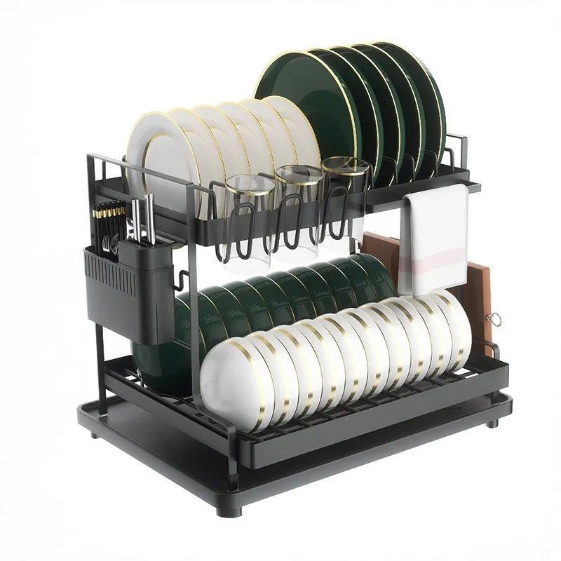 White double-layer kitchen draining rack with removable storage compartments on countertop